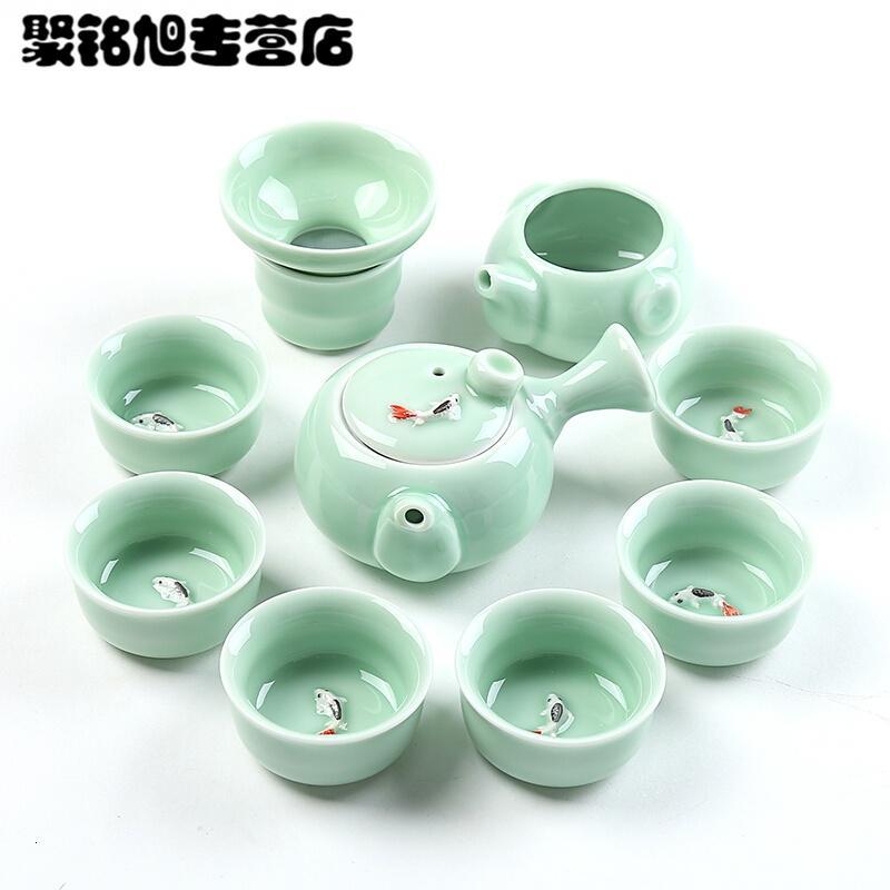 简约青瓷功夫茶具套装家用小茶杯鲤鱼茶碗陶瓷茶壶盖碗茶杯简约