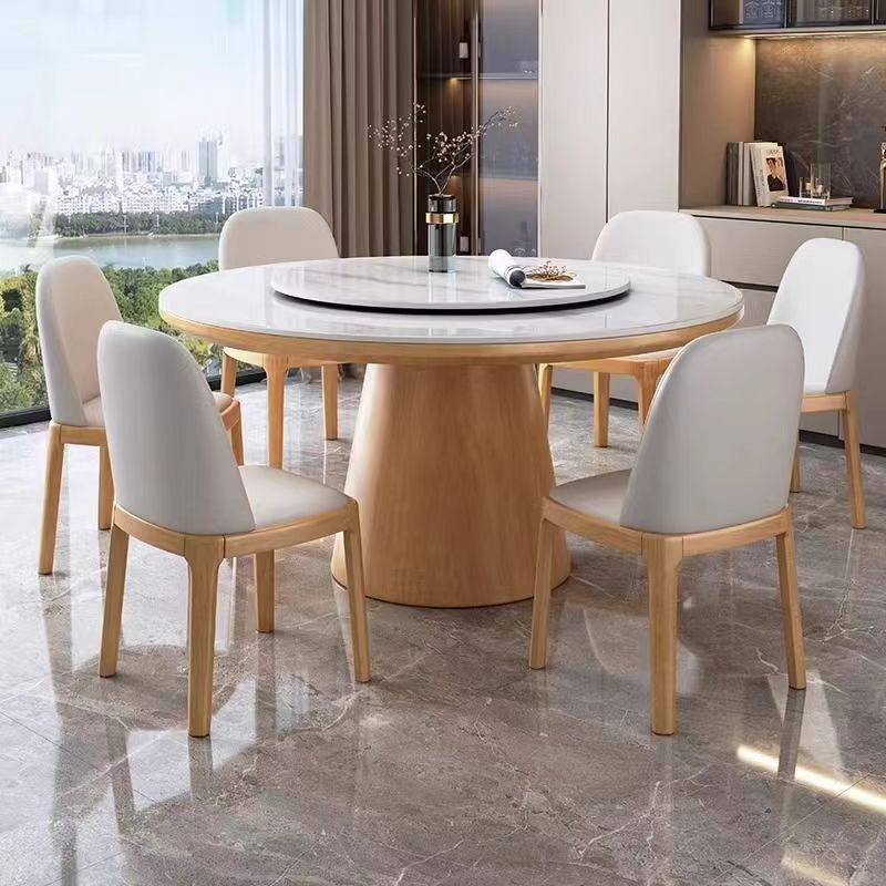 青木川 简约现代实木餐桌椅组合客厅餐厅家用小户型带转盘圆桌微晶石圆形吃饭桌子高清大图