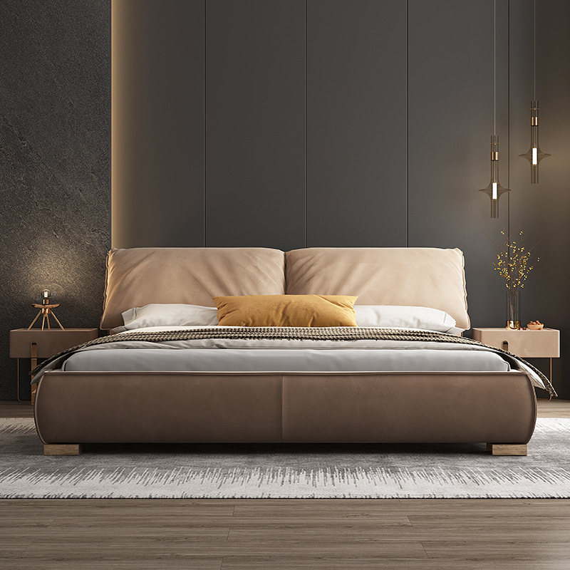 抖鹰意式轻奢真皮床极简主卧婚床现代简约储物高箱软包双人床