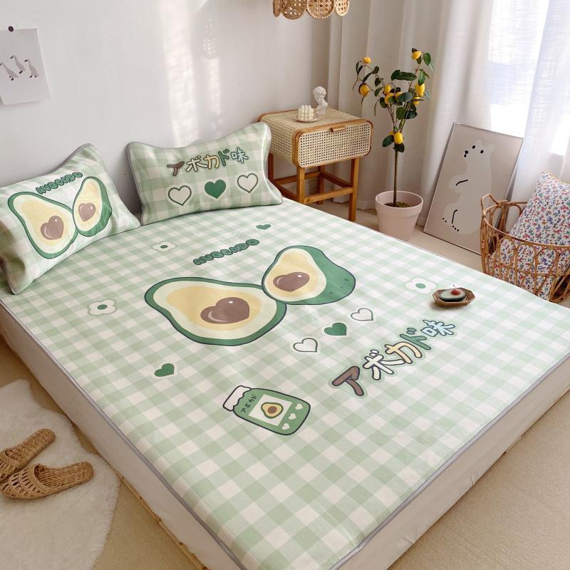 美帮汇空调软凉席冰丝席三件套1.5米1.8m床夏季可水洗可折叠夏天席子1.2 日系牛油果 1.8m（6英尺）床