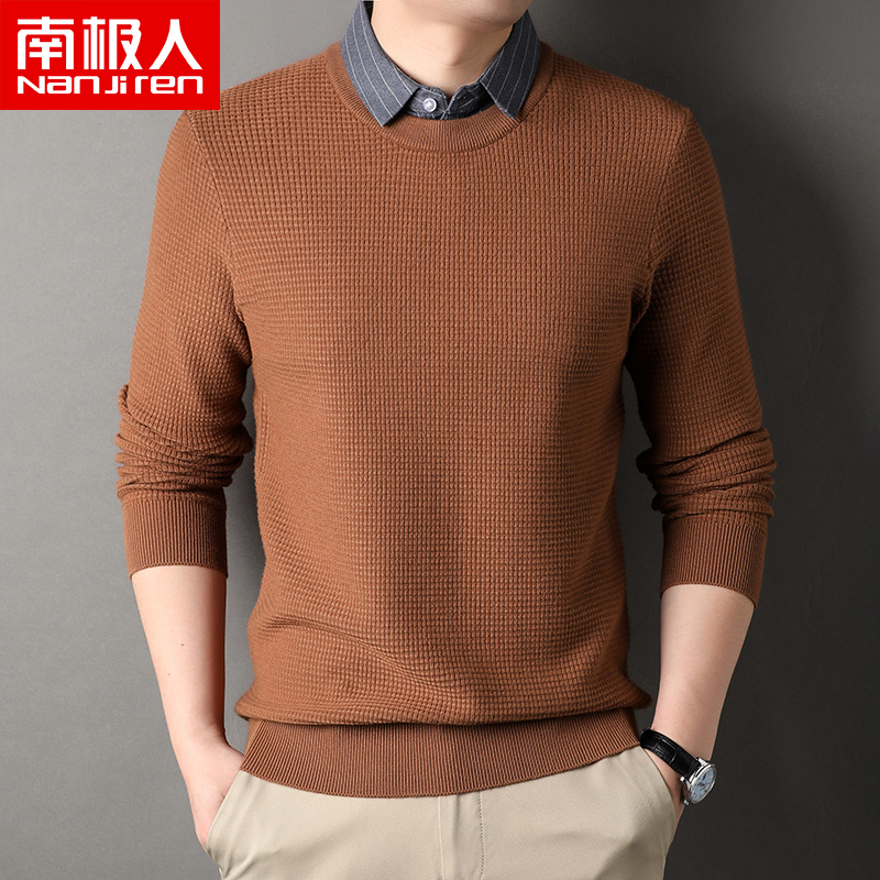 南极人假两件毛衣男衬衫领2024秋季新款商务休闲高档男针织衫上衣高清大图