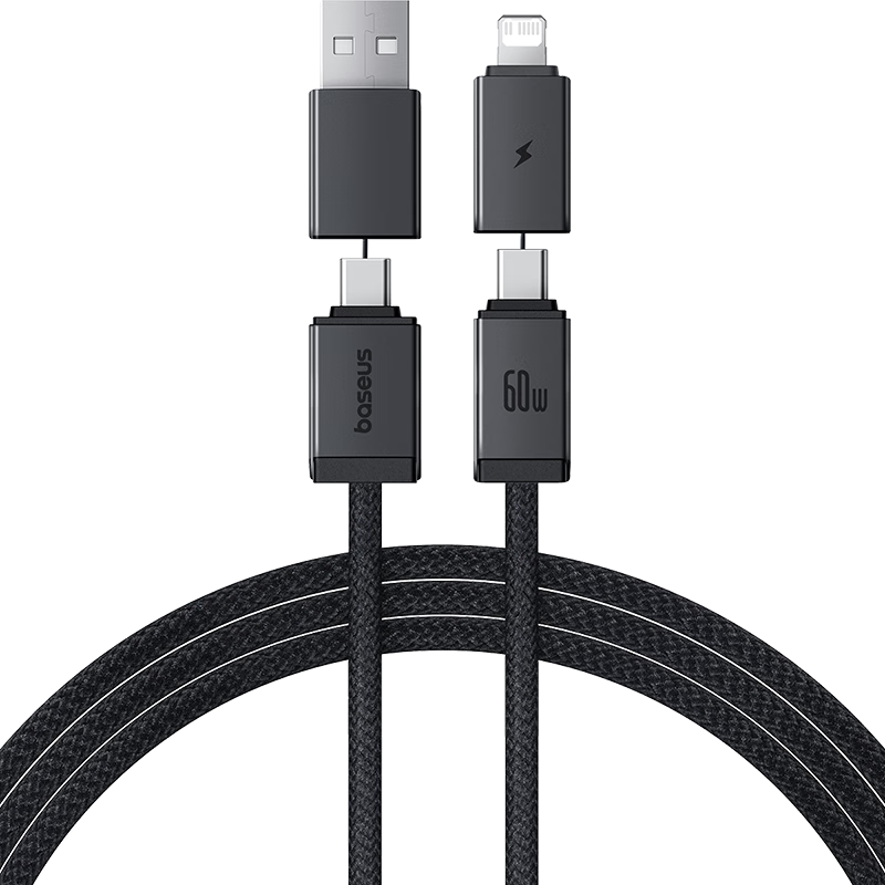 倍思编织数据线四合一适用苹果华为超级快充PD60w多功能编织线二拖二闪充多头通用TpyeC充电线车载