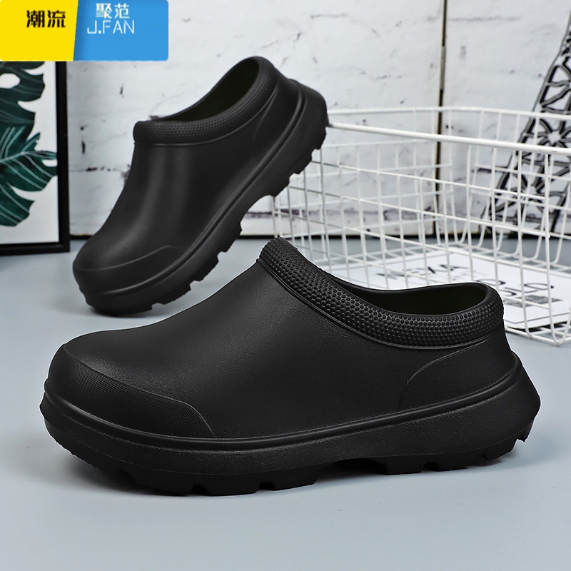 聚范厨师鞋男春季防滑防水防油厨房男鞋黑色厚底男士懒人一脚蹬工作鞋高清大图