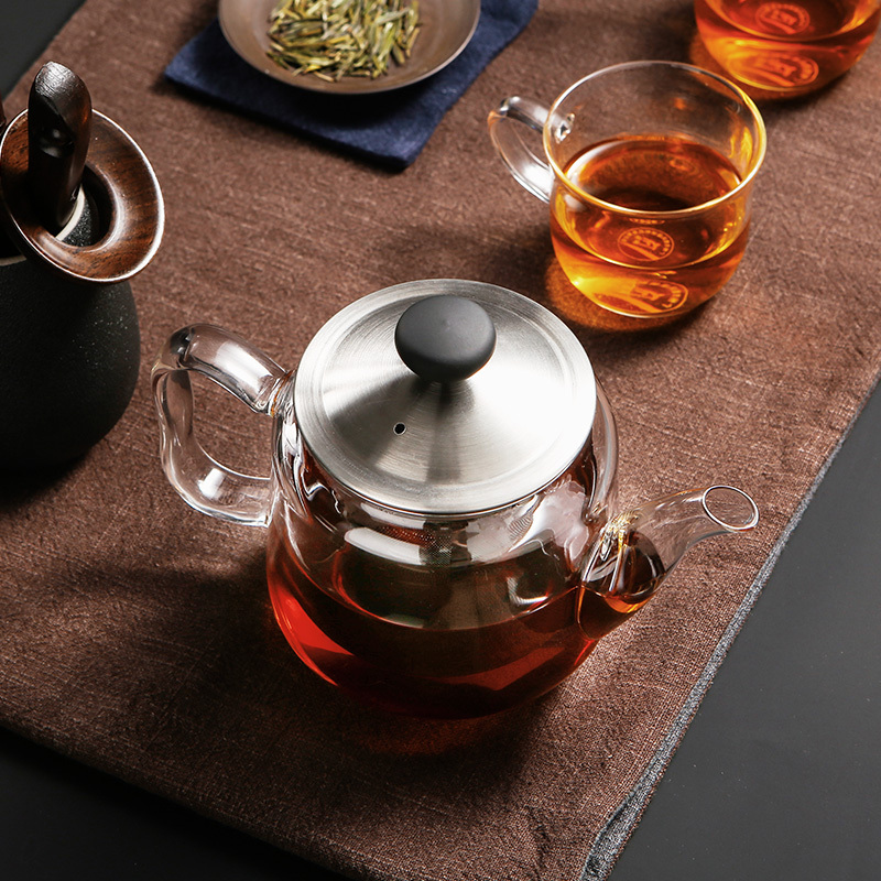 纯手工玻璃茶壶耐温加厚烧水壶电陶炉泡茶壶不锈钢家用茶壶|950ML壶+4个150ML杯+大茶盘(白或黑)