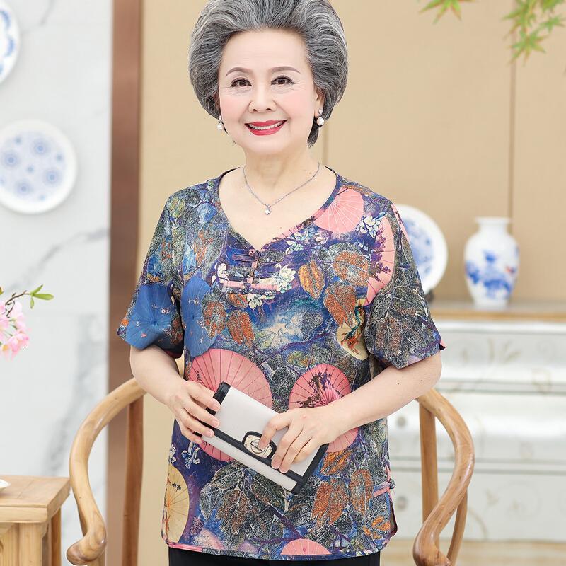 中老年人夏装女妈妈短袖T恤60-70岁80老人衣服奶奶装夏季半袖上衣蓝色[单件上衣]