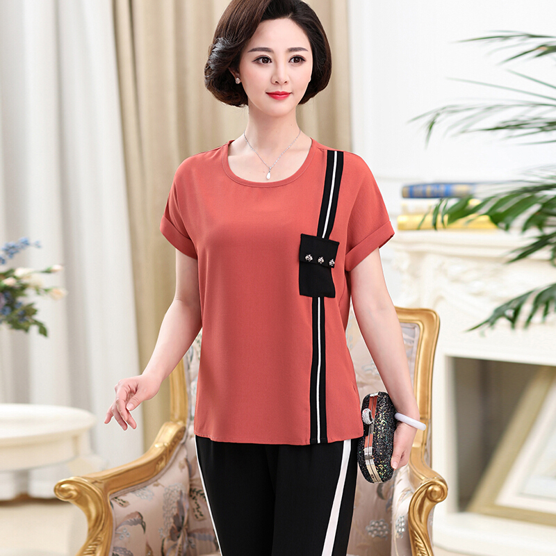 妈妈夏装套装宽松中年短袖t恤40岁50中老年人女装上衣夏天两件套