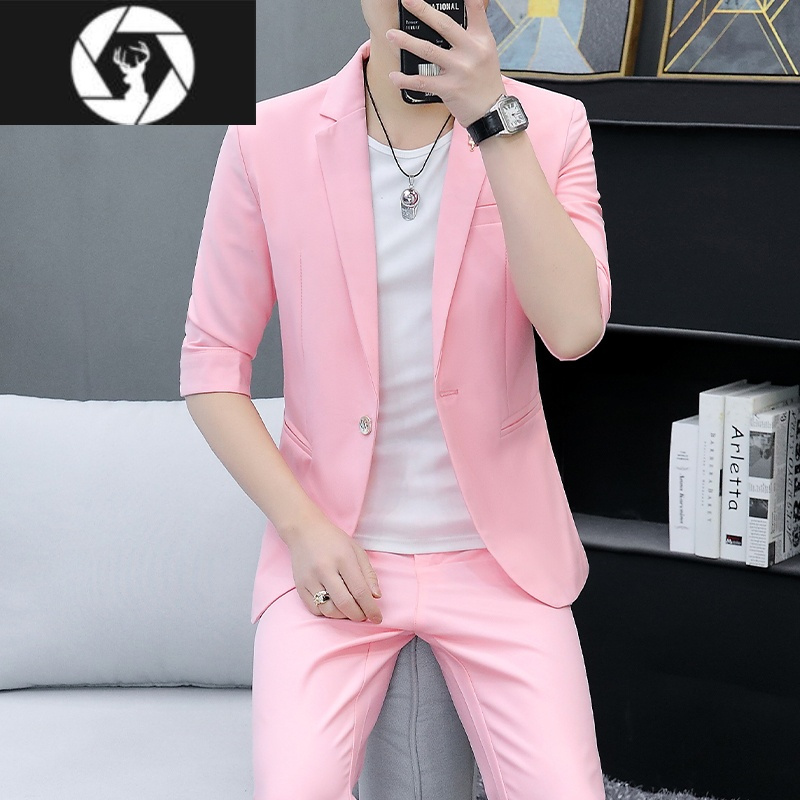 zun夏季七分袖西服套装男士韩版修身中袖薄款男装外套休闲短袖小西装