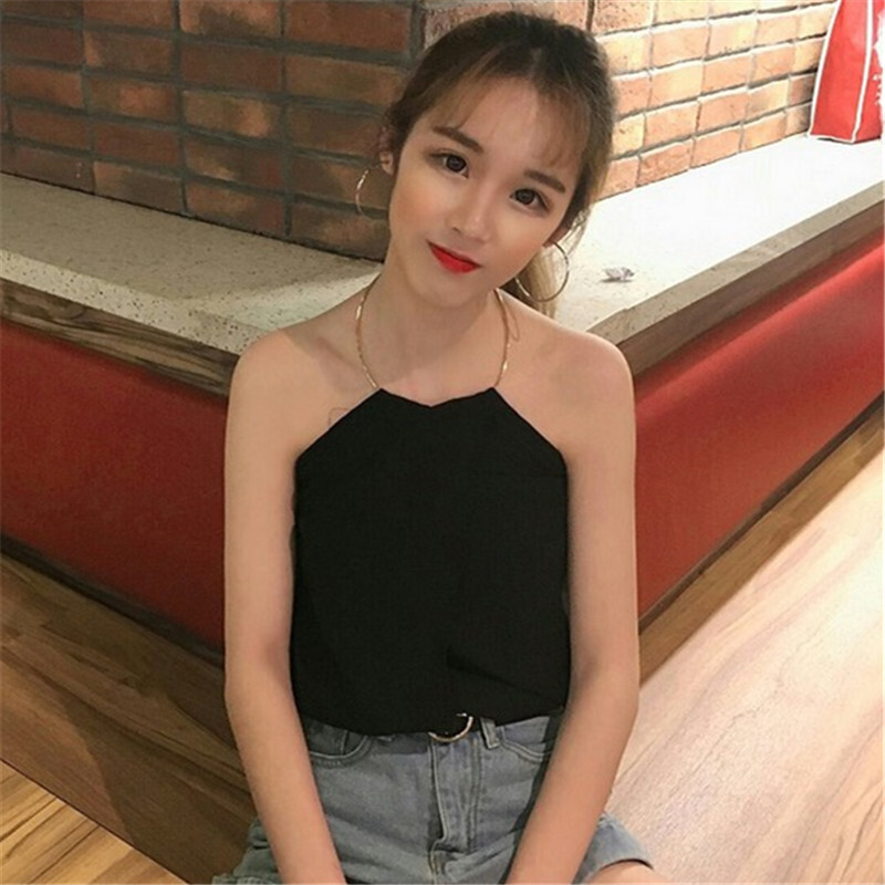 夏秋宽松打底小衫女圆环挂脖削肩带外穿chic露背百搭雪纺背心白色均码