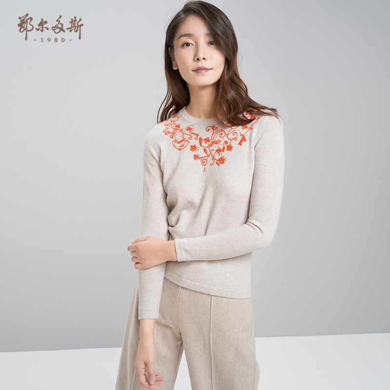 鄂尔多斯ERDOS 纯羊绒圆领装饰厚款女式羊绒衫