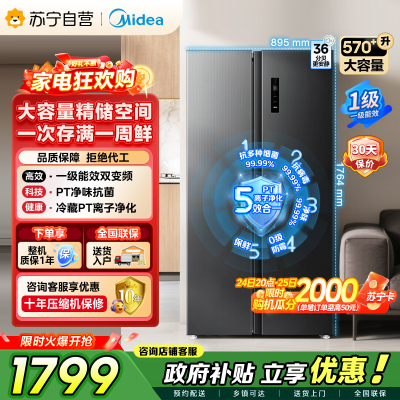 美的（Midea）572升双开对开门冰箱一级能效大容量风冷无霜超薄 BCD-572WKPM(Q) 炭灰-【570升级款】