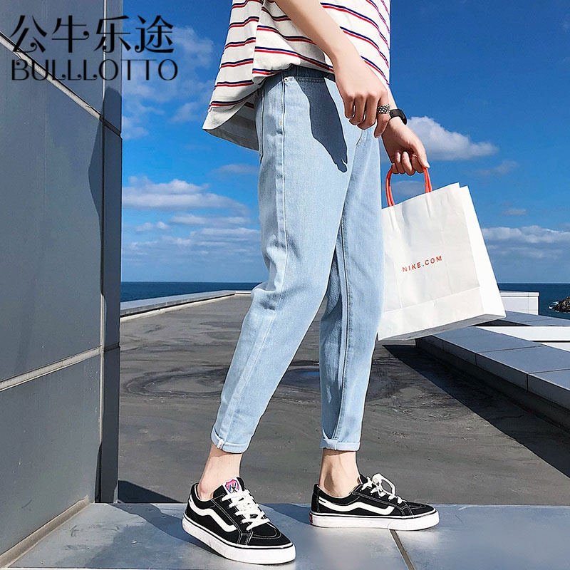 公牛乐途2021牛仔裤男士春季新款宽松直筒韩版潮流九分潮牌浅色百搭9分裤子男