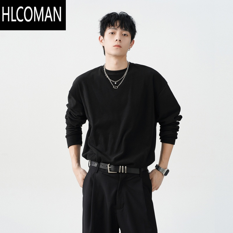 HLCOMAN双面德绒打底衫男潮牌宽松休闲圆领长袖T恤加厚内搭情侣卫衣