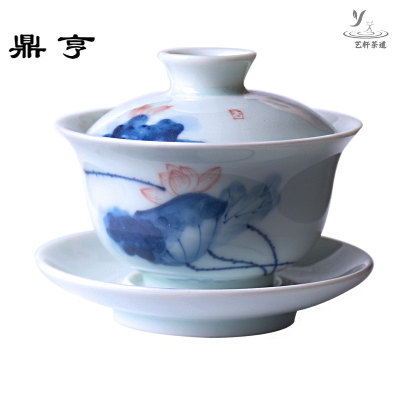 鼎亨手绘荷花茶碗盖碗茶杯青瓷三才盖碗功夫茶具泡茶碗套装陶瓷敬