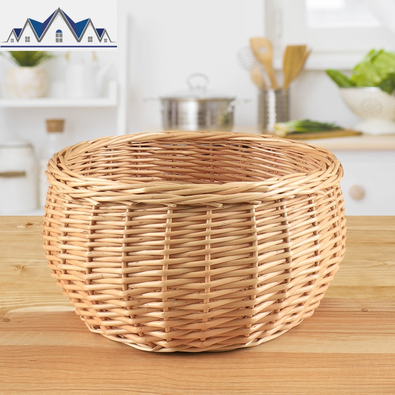 藤编家用带盖馒头筐柳编水果鸡蛋篮编织筐收纳筐厨房用馍筐零食筐 三维工匠收纳篮 小号+盖+棉麻布里