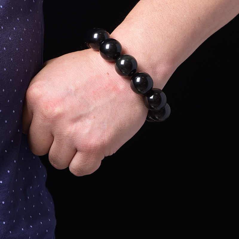 天然黑曜石手链男女情侣款彩虹眼手串玉石水晶佛珠子首饰品礼物