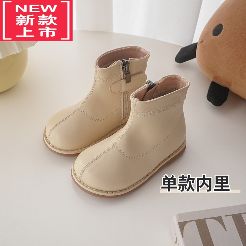 可莉允女童靴子2022秋冬韩版皮靴男童中筒靴加绒宝宝软底侧拉链儿童短靴