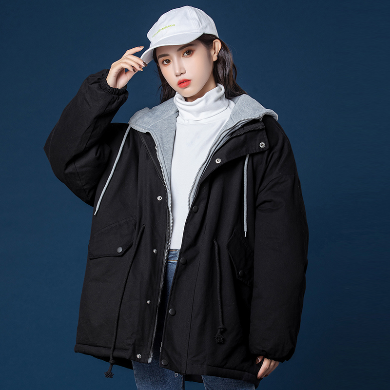 fish basket假两件外套女冬季2020新款韩版宽松日系复古bf加厚棉衣工