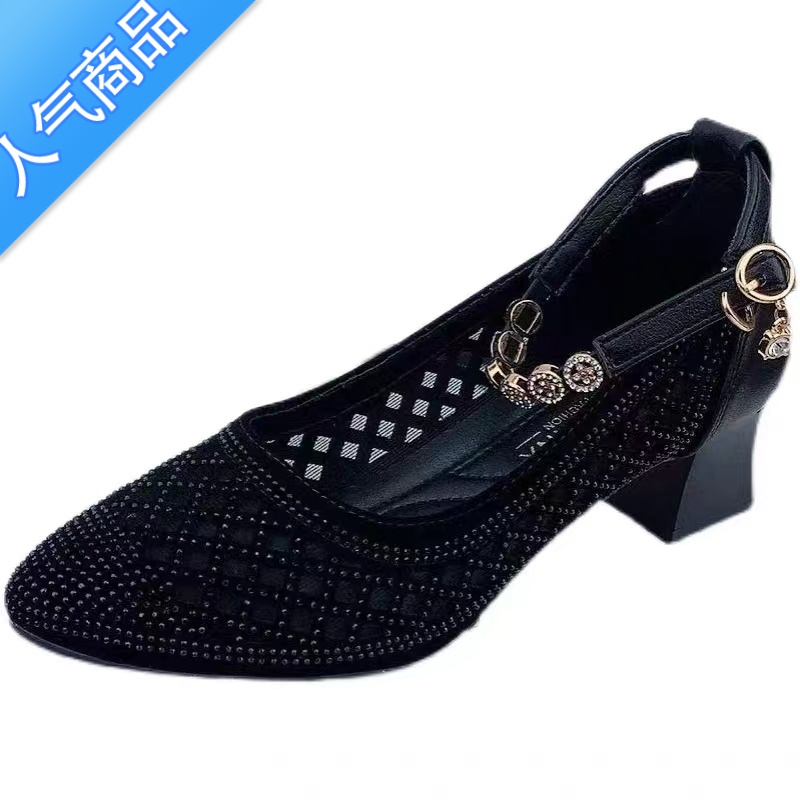 SUNTEK镂空女凉鞋2023夏季新款中年妈妈单鞋浅口优雅舞鞋配旗袍网鞋高清大图