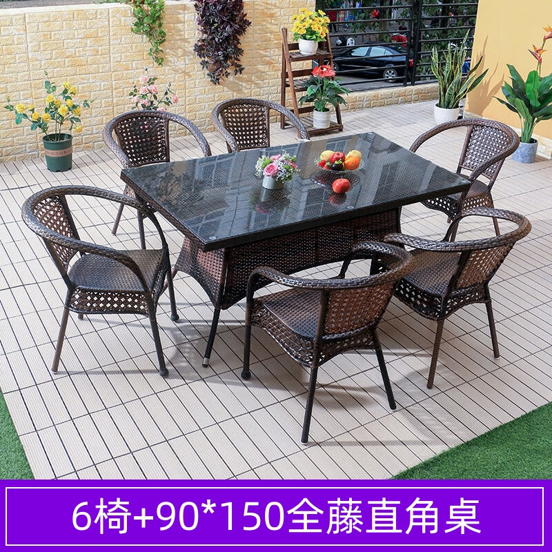 晋舰藤椅阳台桌椅室外庭院藤编椅子花园茶几藤椅组合6椅+150全藤直角桌高清大图