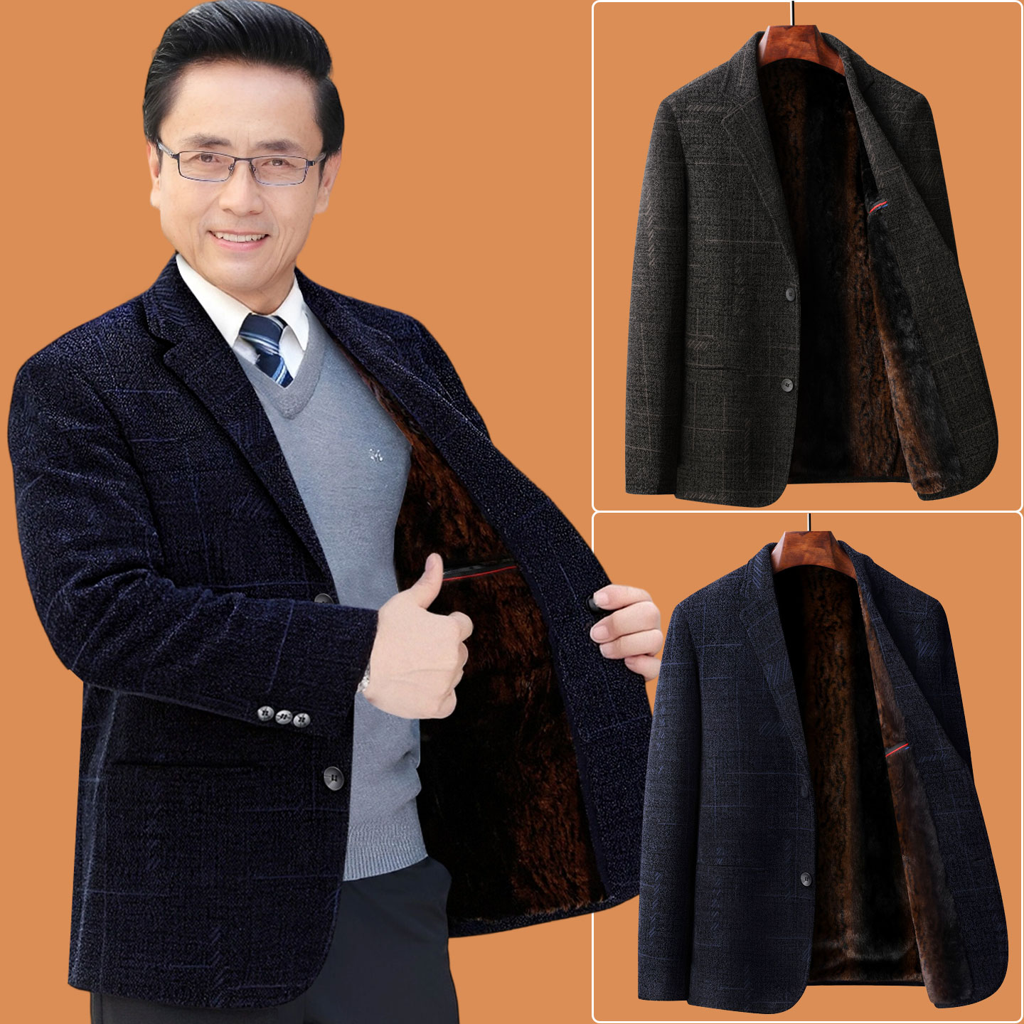 啄木鸟爸爸冬装外套装中年西服男加绒加厚喜公公结婚礼服婚宴西年高清大图