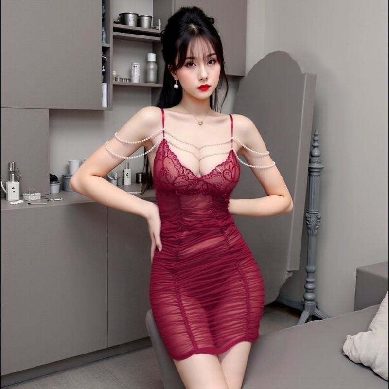 长夜漫漫情趣内衣性感镂空露乳网纱珍珠睡裙纯欲蕾丝连衣裙女2137高清大图