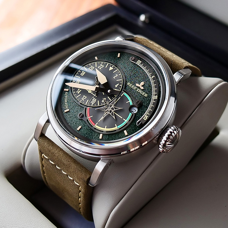瑞夫泰格REEF RIGER潮流手表时尚多功能夜光自动机械表男表防水军表男士飞行员大表盘腕表RGA3019 精钢绿面绿皮