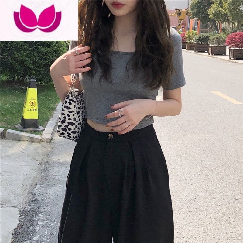 七斓ins方领内搭短款bm打底衫上衣女夏季2022新款黑色百搭修身短袖T恤图片