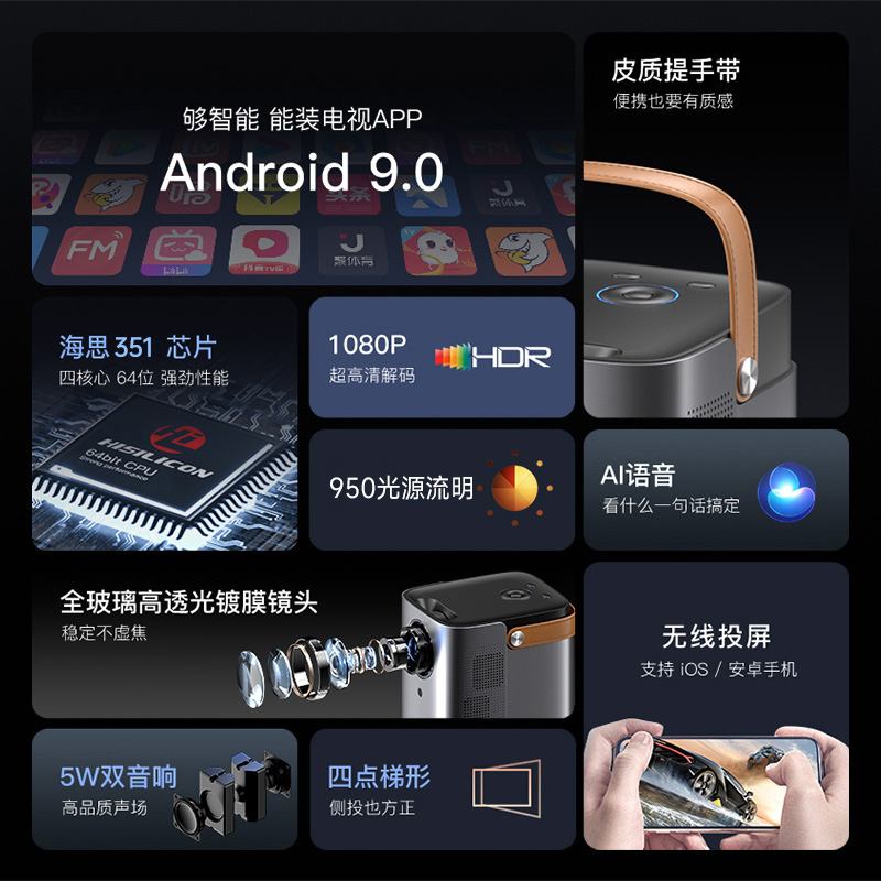 先科(SAST)H5 投影仪家用 音乐投影机 1080P家庭影院(AI智能语音 手机同屏 蓝牙音响 海思芯片 支持侧投)
