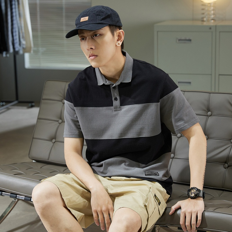 唐狮 男式POLO衫宽条纹绣花短袖POLO衫男士POLO衫短袖