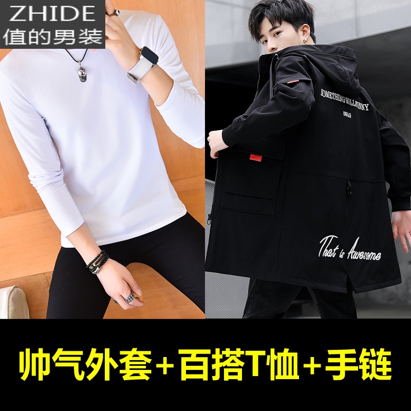 SUNTEK风衣男韩版中长款帅气潮流春秋季男装2019新款中学生披风男士外套风衣高清大图