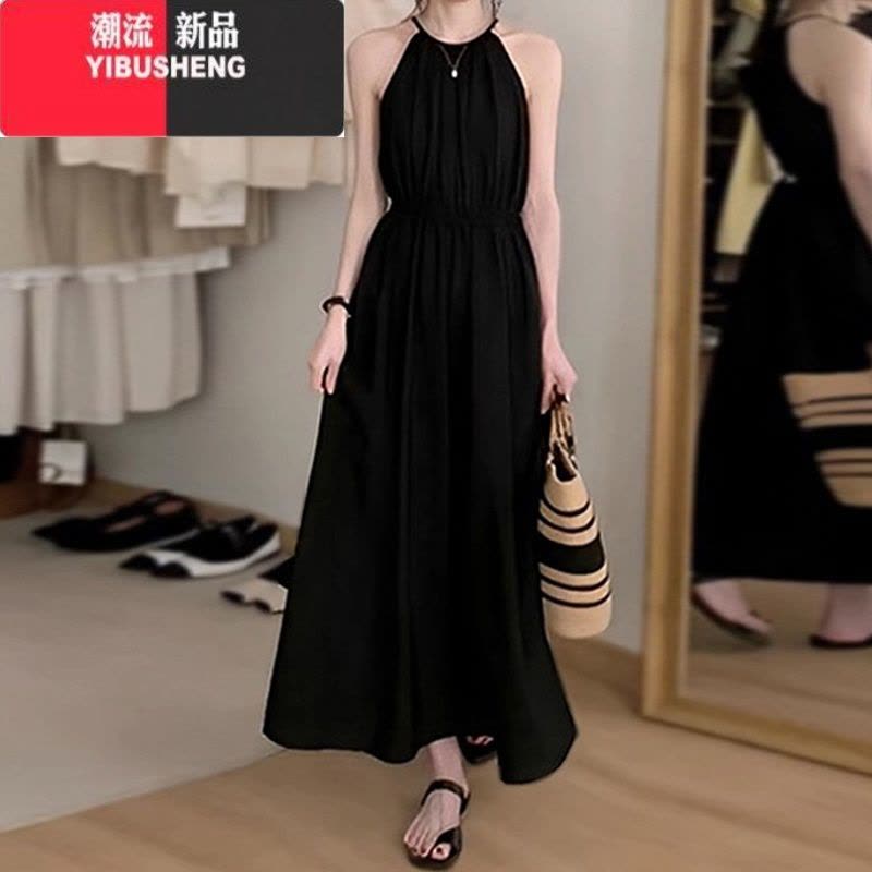 YIBUSHENG黑色挂脖露腰度假风连衣裙女季2024新款设计感收腰显瘦无袖长裙图片