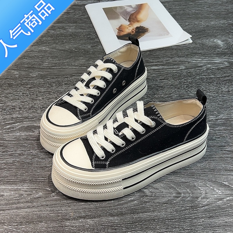 SUNTEK粉色厚底帆布鞋女2023春夏新款增高软底低帮板鞋黑色百搭学生布鞋高清大图