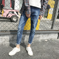 2018春夏新品潮男刺绣九分裤 青少年韩版小脚哈伦百搭潮9分牛仔裤