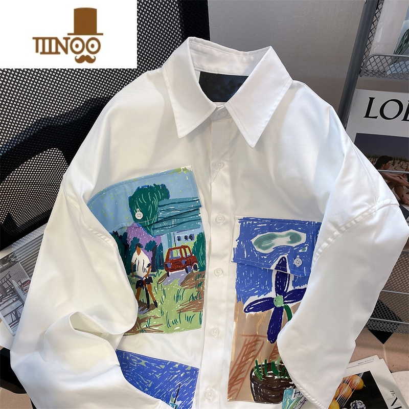 YANXU法式复古感别致涂鸦油画衬衫男女秋季宽松chic港风长袖上衣潮高清大图