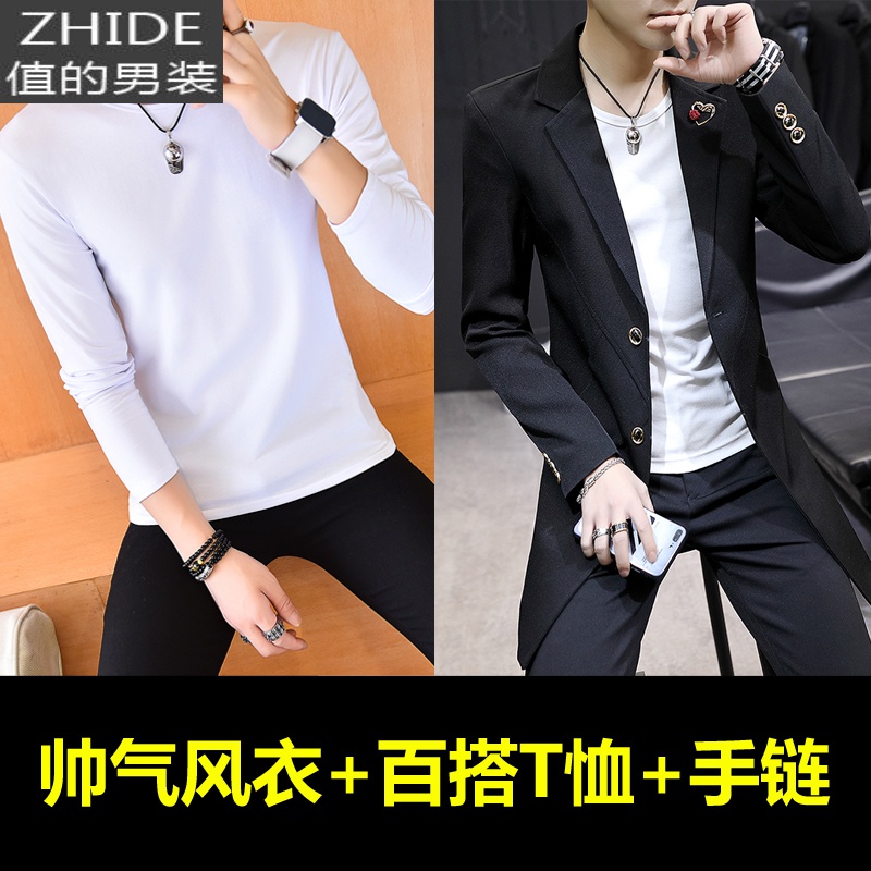 SUNTEK外套男韩版修身帅气中长款男士风衣潮流新款学生小西装春秋季披风风衣高清大图