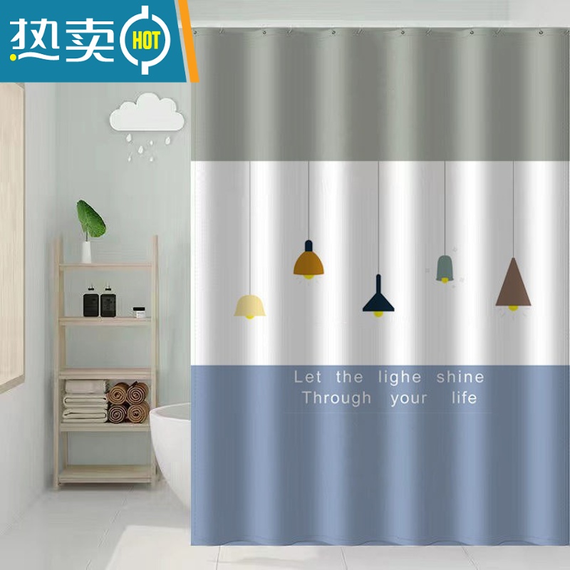 敬平磁性挡水条浴帘套装免打孔防水浴罩布卫生间挂帘浴室帘隔断帘 新中式吊灯加厚 浴帘宽200*200高+挂钩
