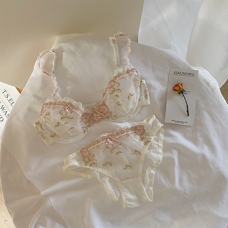 SUNTEK日系白色蕾丝薄款性感网纱内衣bralette套装刺绣少女聚拢上托文胸文胸套装