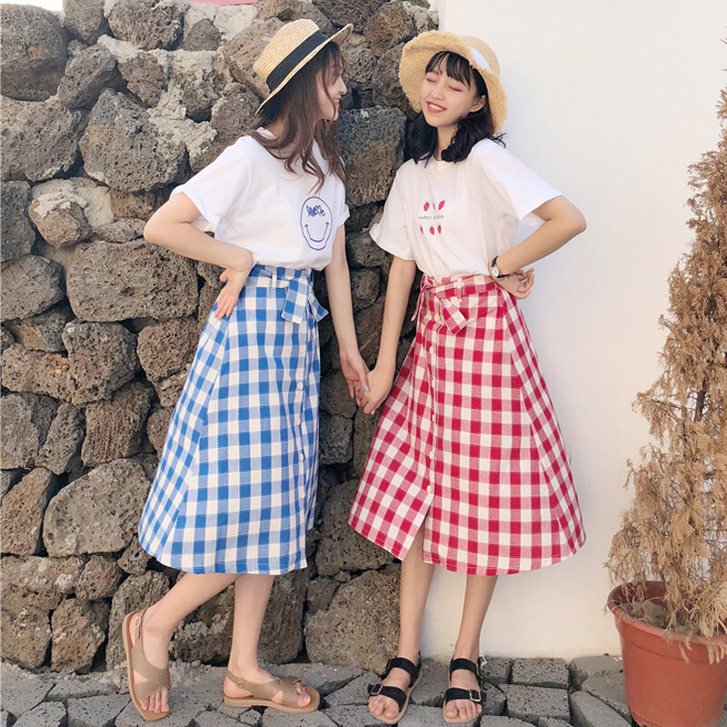 韩版时尚休闲套装夏装女装宽松短袖T恤上衣+高腰格子半身裙两件套蓝格子均码