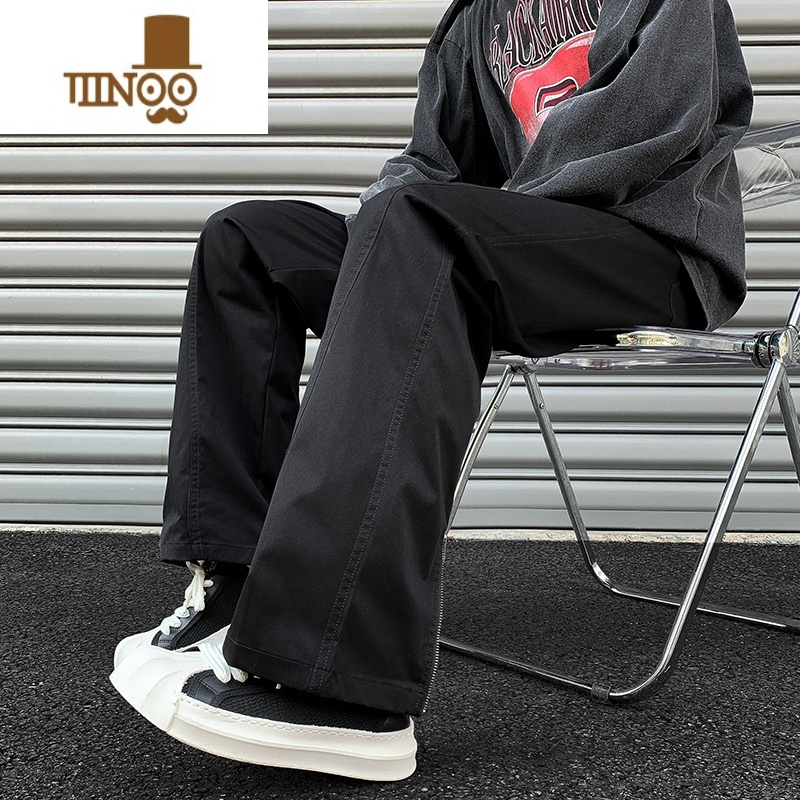 YANXU休闲裤男2023新款宽松设计感开叉直筒裤子高街vibe潮牌黑色长裤子高清大图