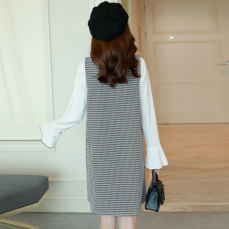 迪鲁奥(DILUAO)孕妇装2021秋冬新款千鸟格孕妇裙两件套喇叭袖孕妇装图片