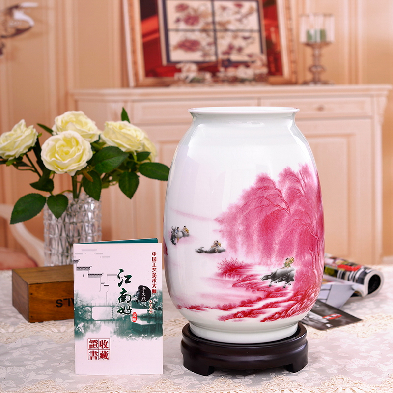 瓷拍 景德镇瓷器摆件装饰工艺品 江南水乡山水红花瓶