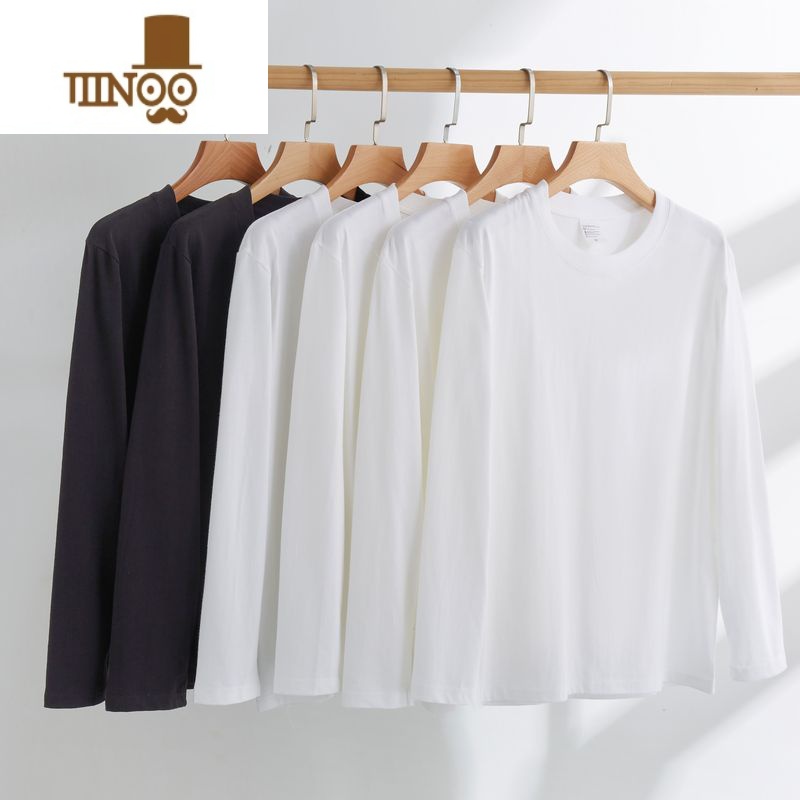 YANXU()新疆棉长袖白t恤宽松男女内搭纯色打底t恤 2XL 两件白色