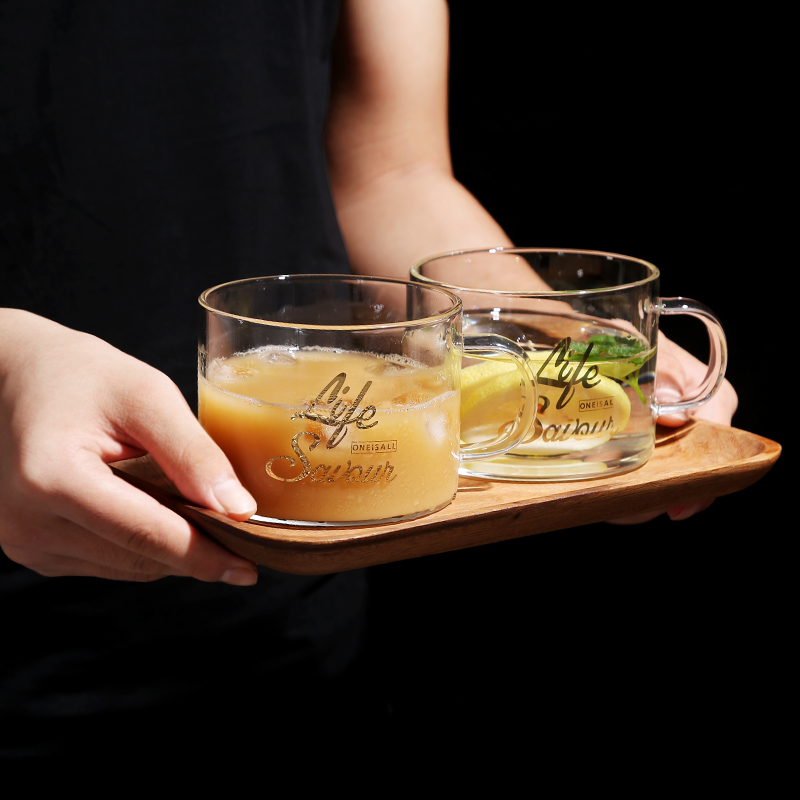 美帮汇水杯杯子女北欧清新马克杯森系家用大口透明小玻璃杯 400ML+金色勺子(两个装)高清大图