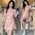 polo领连衣裙女夏季新款抽绳收腰修身显瘦甜辣纯色风短袖裙子 M 黑色