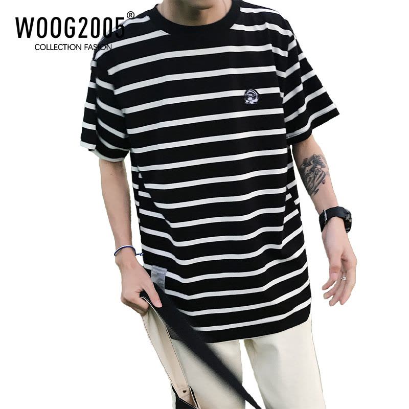 WOOG2005黑白条纹短袖T恤男夏季小领口魔术贴纯棉学院风体恤上衣图片
