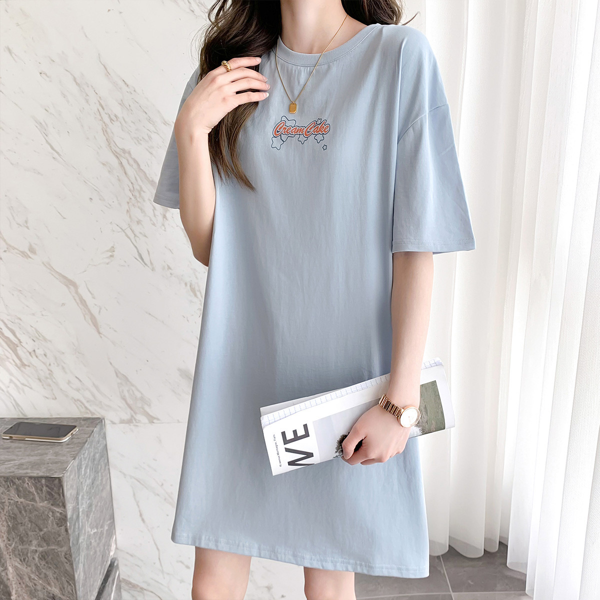 [1.5折价55元]唐狮夏季连衣裙女卡通可爱印花短袖t恤下衣失踪清新休闲流行