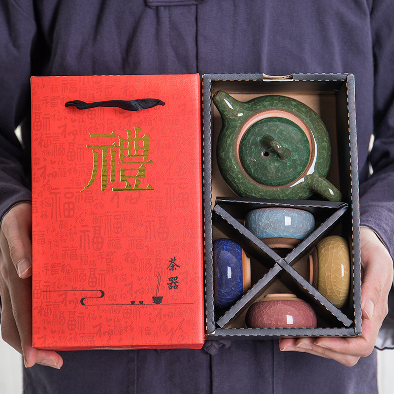 华普思陶瓷功夫茶具套装整套小礼品茶水分离礼盒茶礼盒 三彩一壶两杯[普通盒]高清大图