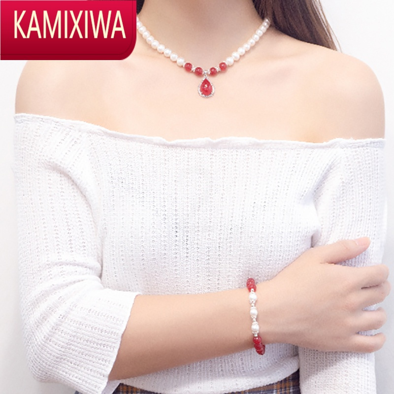 KAMIXIWA礼盒三件套9-10mm强光白色淡水珍珠项链吊坠颈饰送妈妈婆婆礼物女