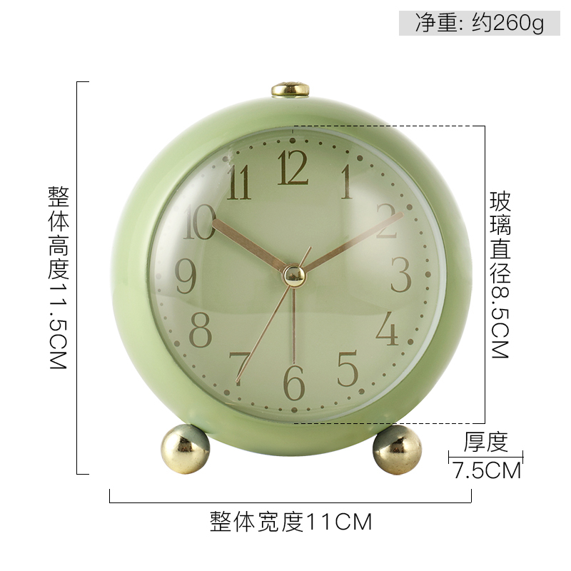 汉时(Hense)欧式轻奢金属装饰夜灯闹钟卧室学生时尚床头石英时钟家用简约闹表HA13