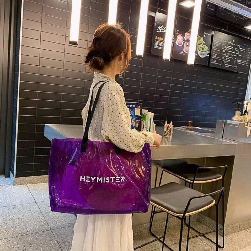 女包 透明果冻包包购物包2020夏季新款沙滩大容量包潮单肩手提包 绿色